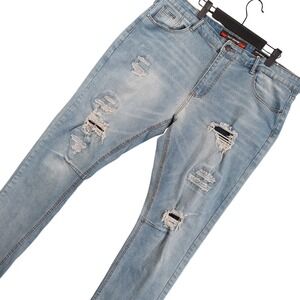 Riot Empire Jeans Mens Fits 40x32 Light Blue Slim Tapered Distressed MNJN3341